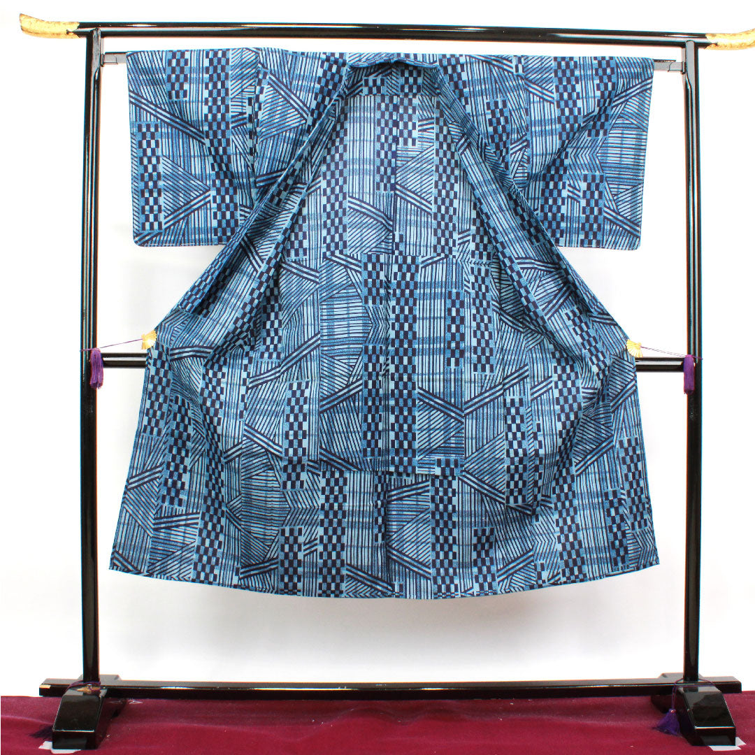 浴衣 男物 しつけ糸付き 未使用品 幾何学模様 木綿 Sランク 単衣 身丈138cm 裄丈65cm グラデーション系 1118003772199
