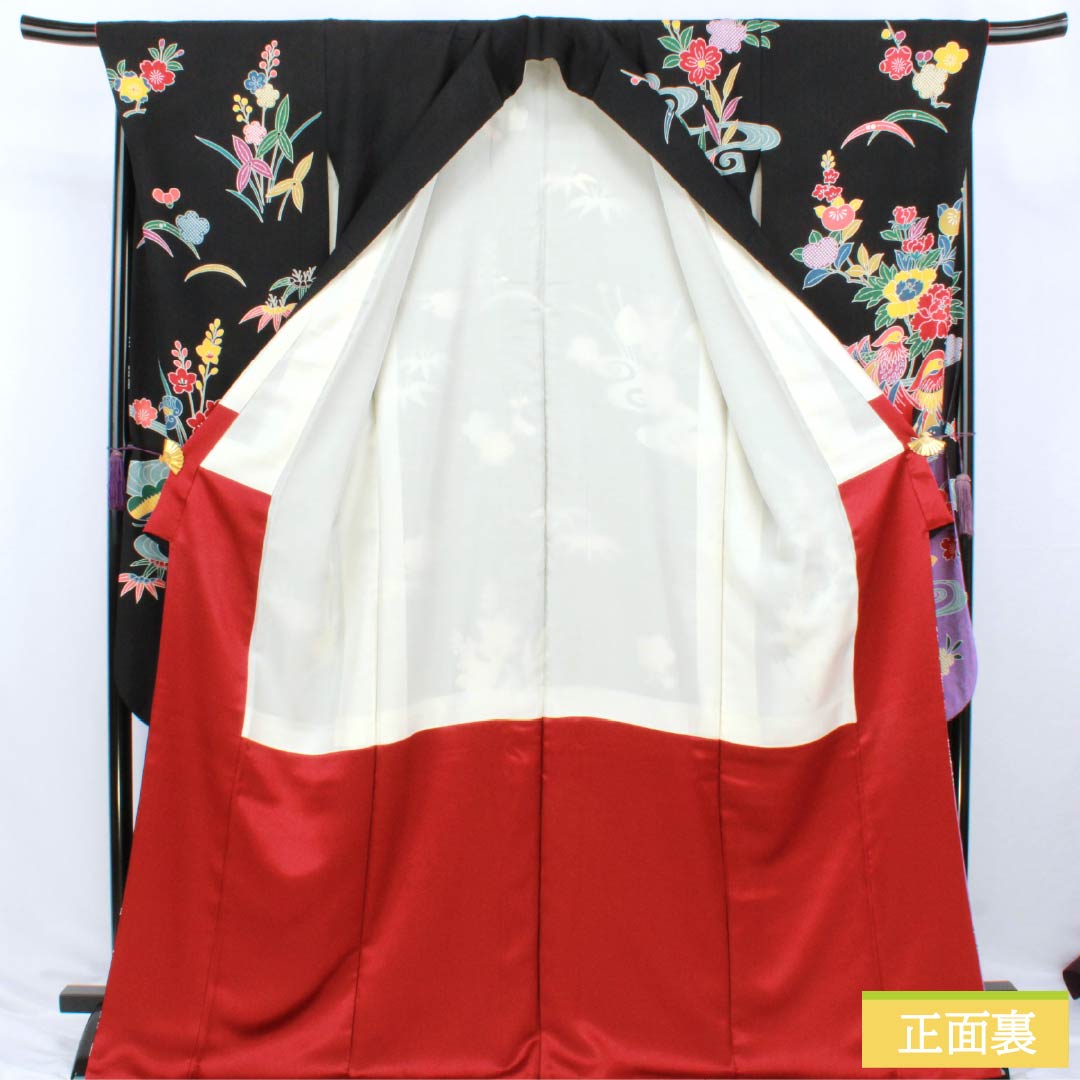 振袖 正絹 Sランク 身丈170cm 裄丈70cm 袷 黒色 京紅型 吉祥文様 七宝 桜 黒系 1113002932610