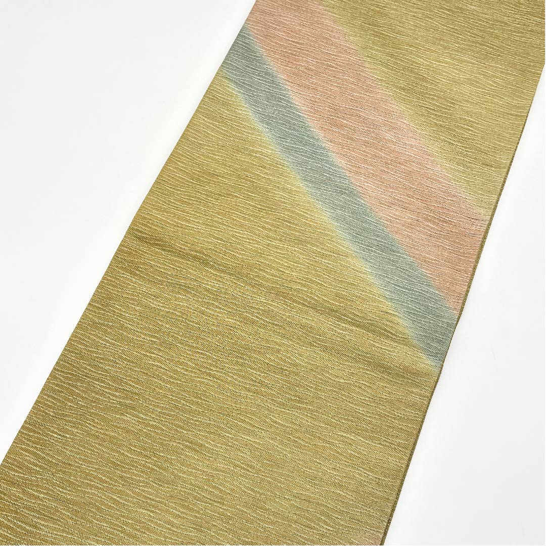 Fukuro Obi (Sash) Yellow Sea Pine Brown (Kimiru Chairo) Gold Dyed Obi Length 444cm Pure Silk A Rank Point Pattern Semi-Formal Green 1123005413319