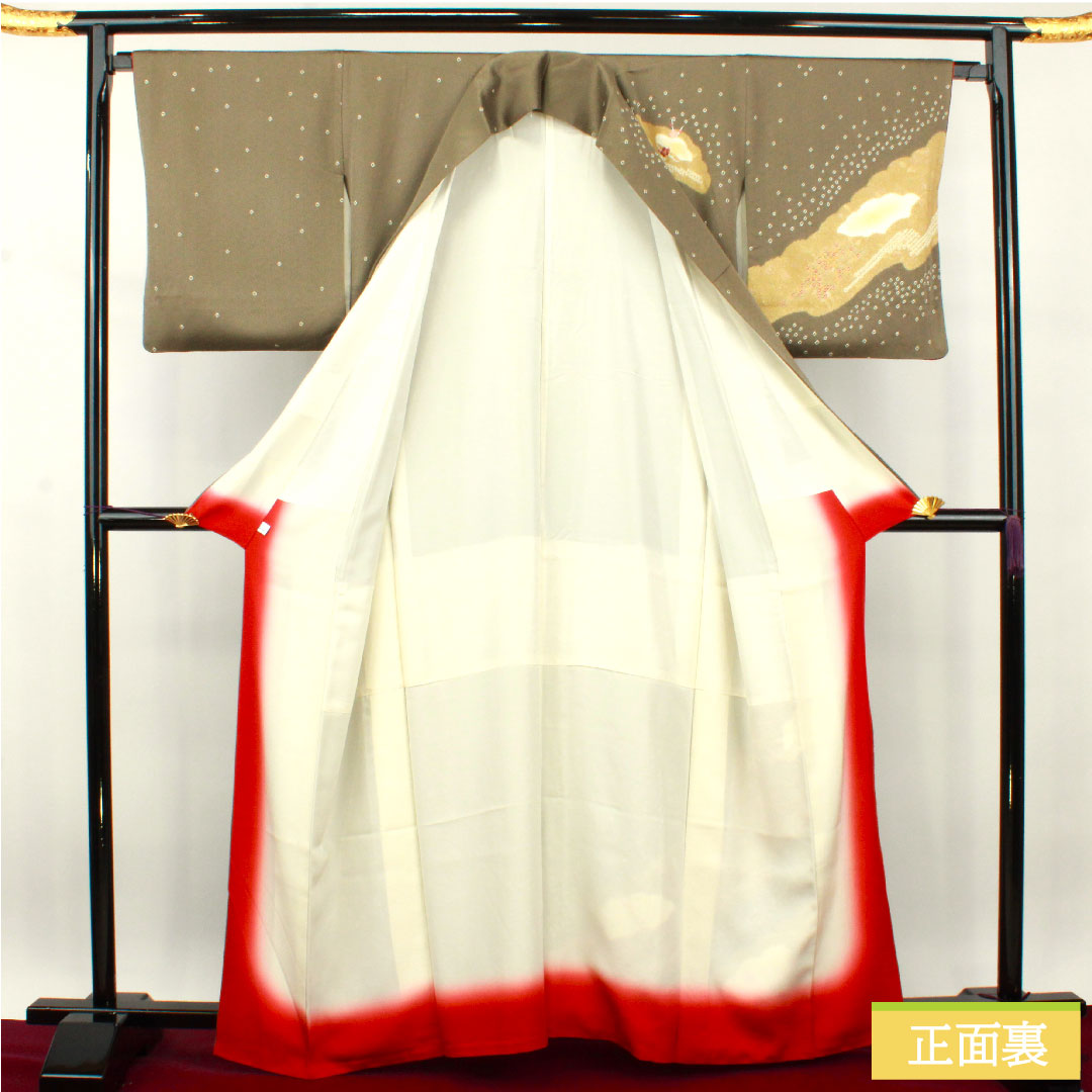 Homongi, pure silk, lined, length 162.5cm, sleeve length 66.5cm, sand color, embroidery, partial tie-dyeing, super bell guard, S rank, gray, 1112003632422