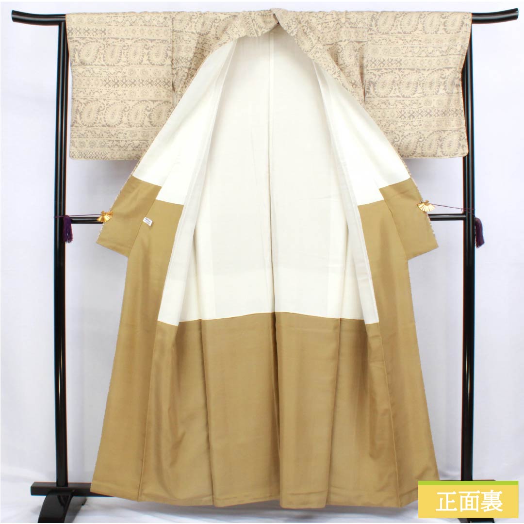 Komon silk S-rank kimono, length 160cm, sleeve length 65.5cm, lined, Tokyo white-brown (Tokyo shirachairo), paisley pattern, tsumugi fabric, silk guard, beige, product number 1115006772425