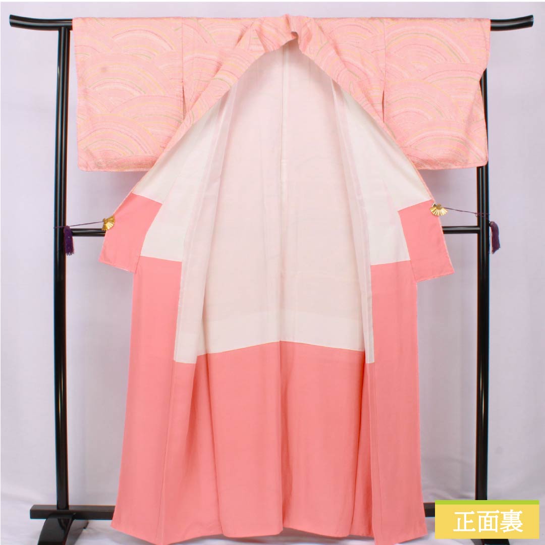 Komon (small pattern) kimono, pure silk, A rank, length 163cm, sleeve length 65.5cm, lined, Tokiiro (red), tie-dyed, Seigaiha (wave) pattern, pink, 1115007103413