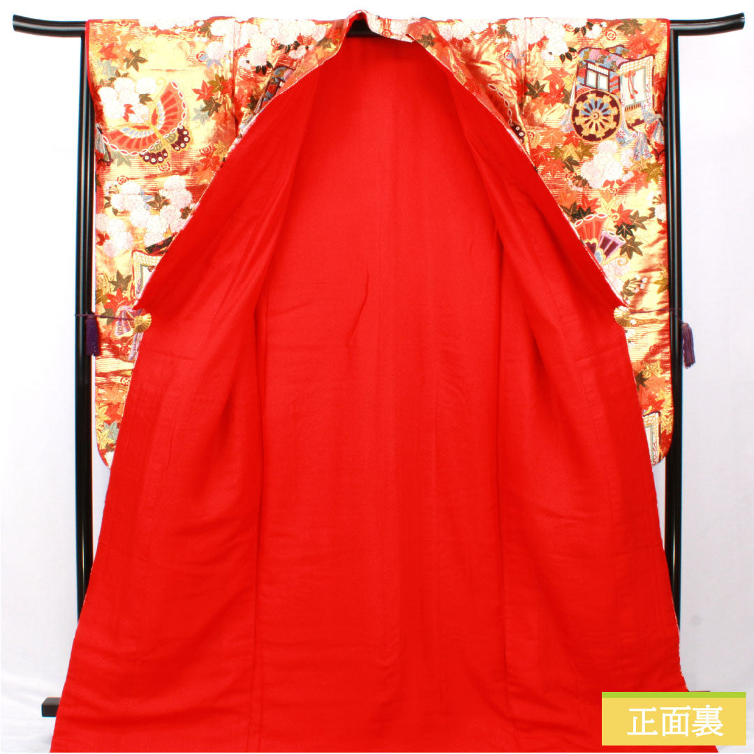 Iro-uchikake (colored kimono) made of pure silk, grade A, length 184cm, sleeve length 60.5cm, Karaori (Chinese weave) with butterfly and floral patterns, lined, vermilion, 1110001003916