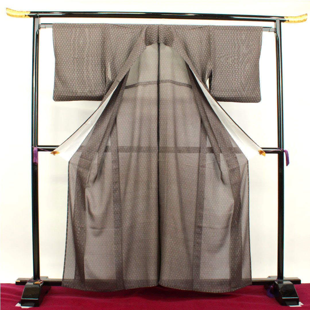 Summer pure silk komon kimono, length 160cm, sleeve length 63.5cm, dark grey, geometric pattern, silk, A rank, brown, 1132001673414