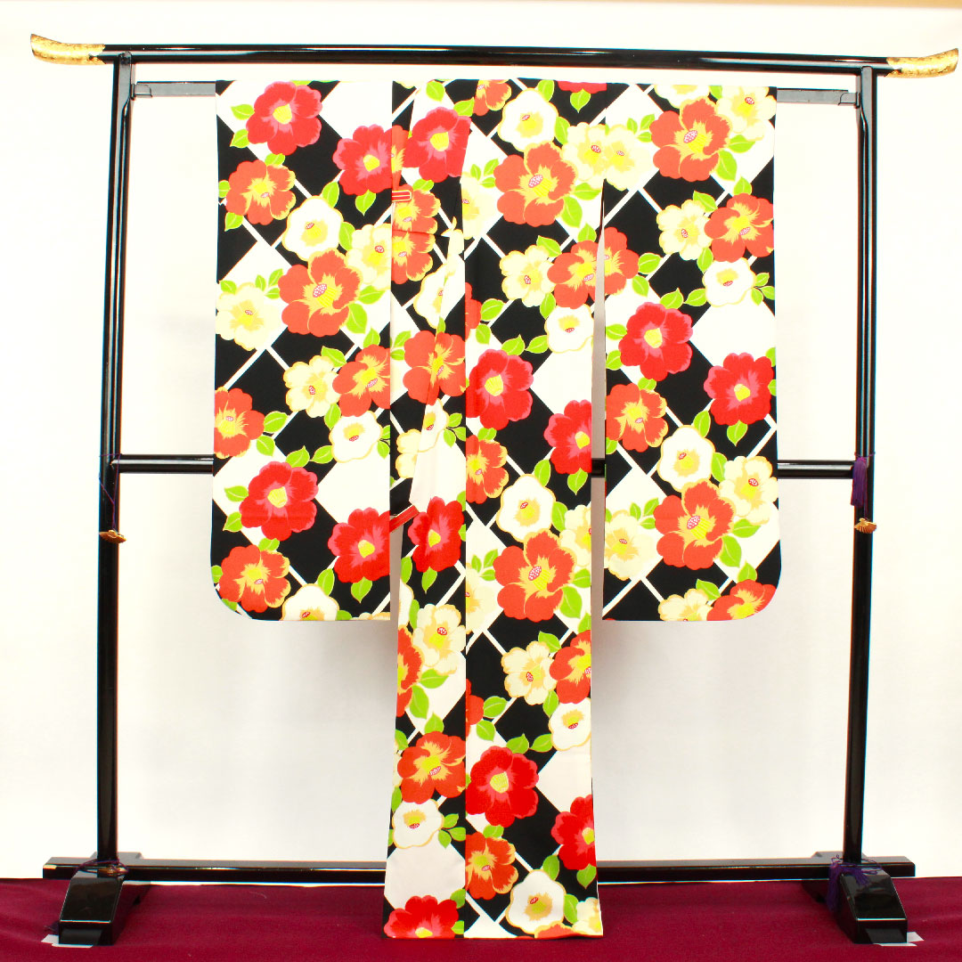 Long-sleeved kimono, length 168cm, sleeve length 68cm, lined, monotone, washable kimono, camellia, poly, S rank, black, 1113001392510