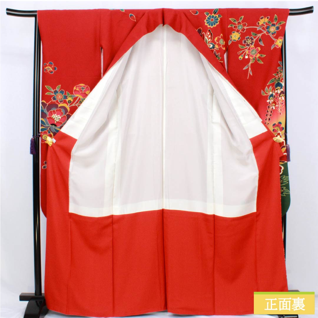 Kimono (Furisode) - Silk - S Rank - Length: 167cm, Sleeve-to-sleeve: 68cm - Lined - Pomegranate Red - Kyo-Bingata - Auspicious Patterns - Butterflies, Cherry Blossoms, Chrysanthemums - Red Tones - 1113002772512