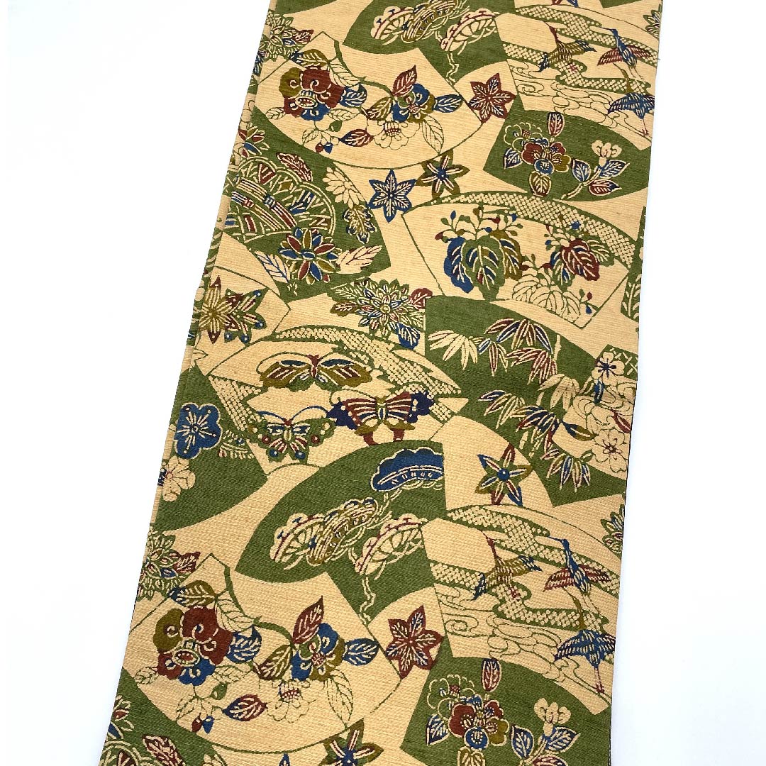 名古屋帯 薄柿色 古典柄 扇面に松竹梅 鳥 蝶 帯丈382cm 正絹 Aランク 全通 カジュアル ベージュ系 1124004613325  名古屋仕立て