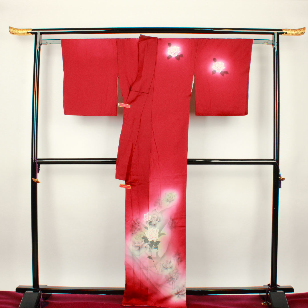 Homongi, lined, length 170cm, sleeve length 69cm, grape color, hand-painted Yuzen, rose, pure silk, S rank, purple, 1112001702620