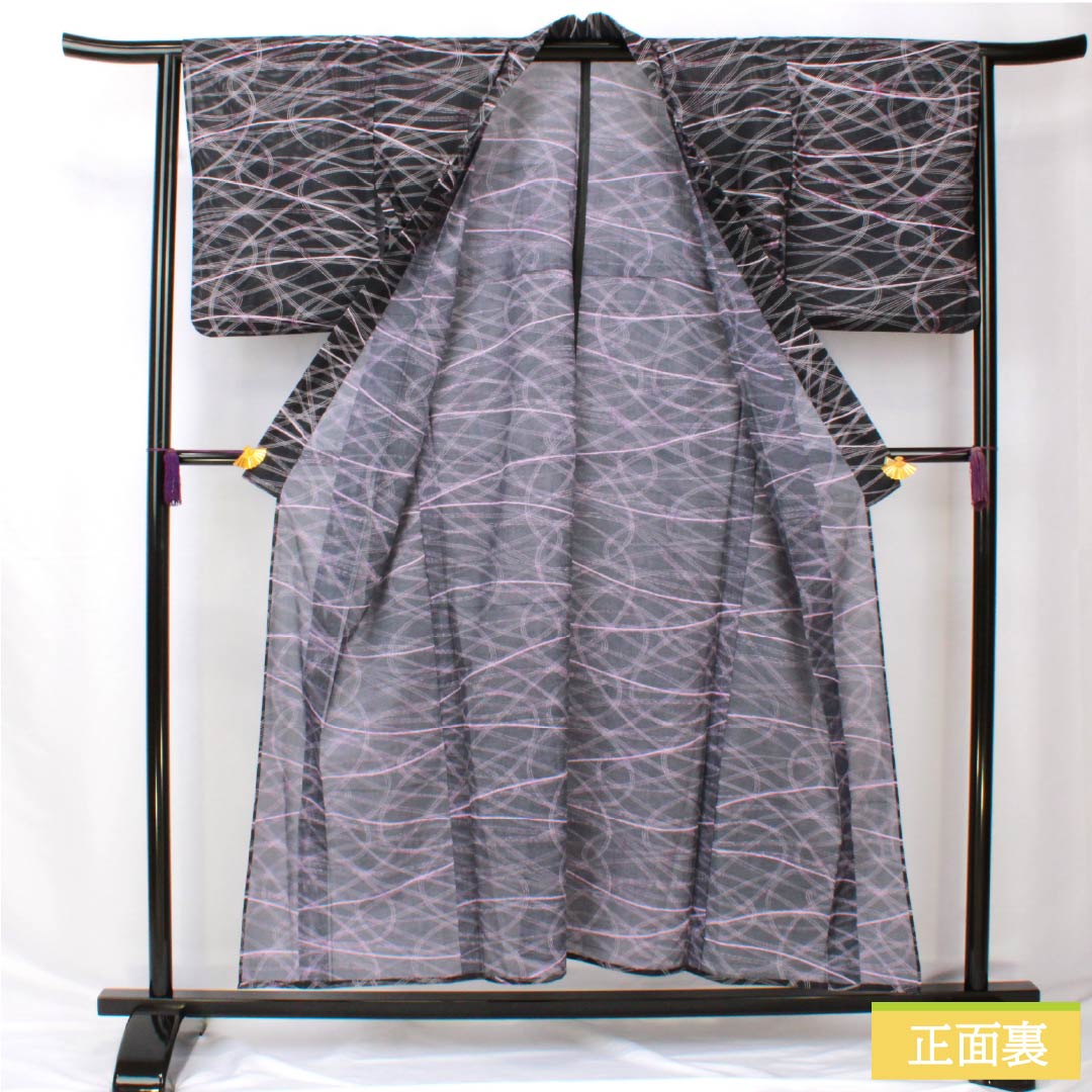 夏物 ポリエステル 小紋 身丈153cm 裄丈64cm 相済茶色（あいすみちゃいろ） 抽象模様 絽 Aランク 黒系 1132002293210