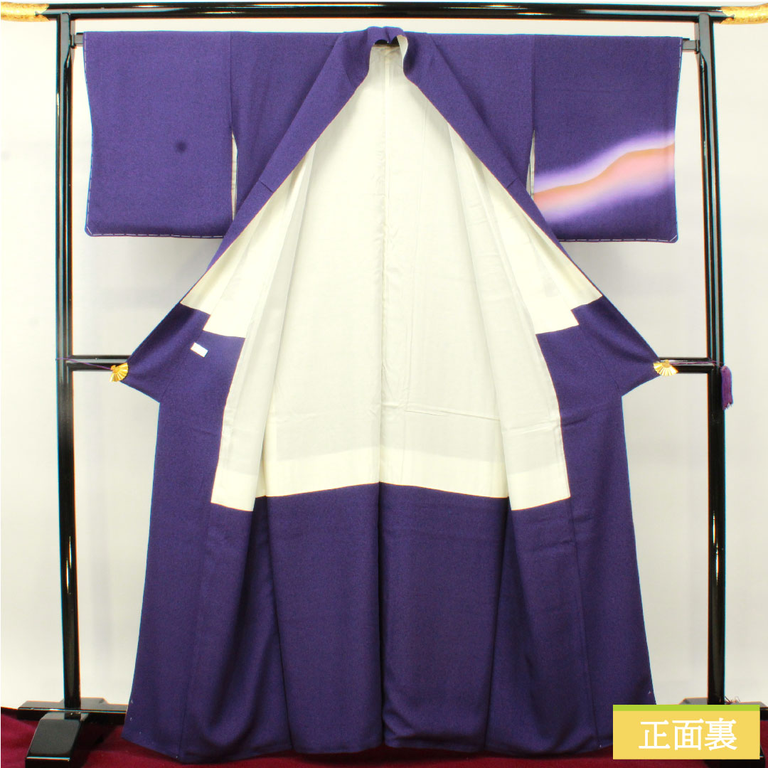 訪問着 正絹 袷 身丈163.5cm 裄丈68cm 江戸紫色（えどむらさきいろ） タタキ染 遠山模様 しあわせガード加工 Sランク 紫系 1112004862420