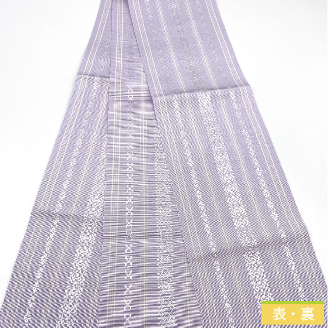 [Unfinished] Half-width Obi, Pure Silk, NEW Rank, Shiro Sumireiro (pale violet), Authentic Hakata-ori, Kenjo Pattern, Dokko, Koko Stripes, Hanazara, Obi Length 380cm, Purple family, 1125001891320