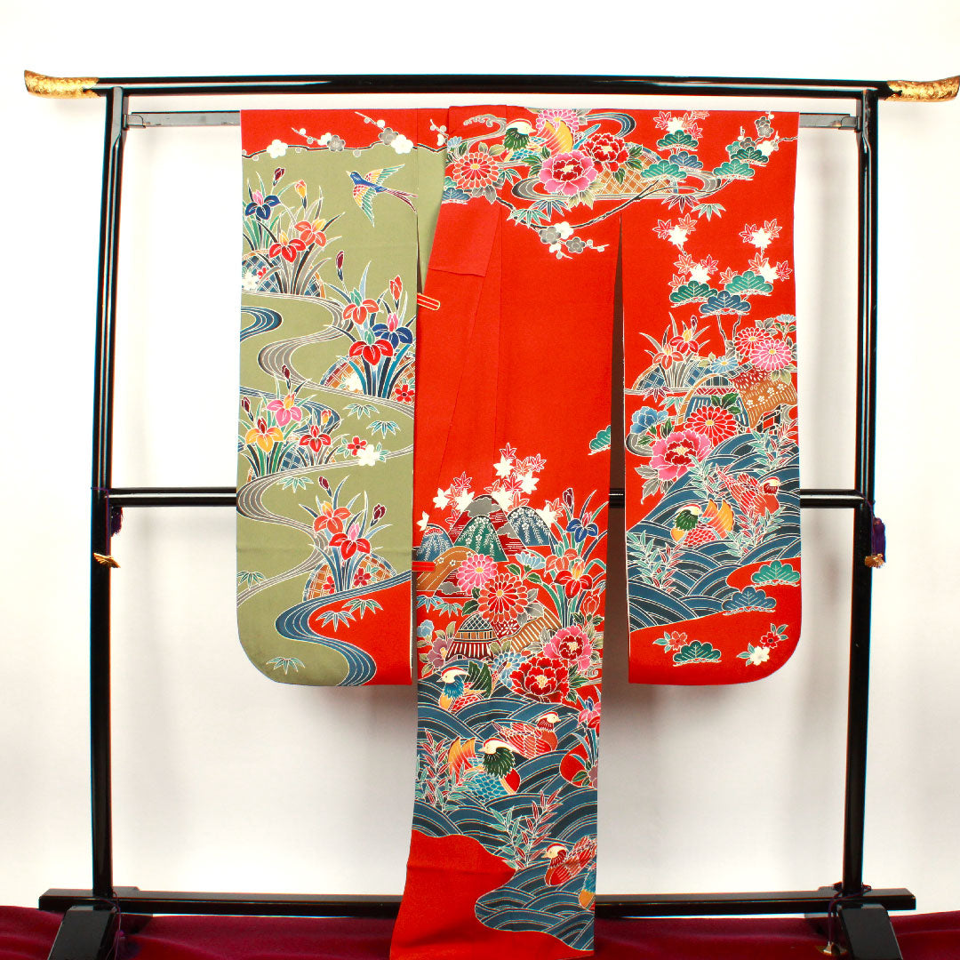 振袖 身丈165cm 裄丈65.5cm 袷  栗梅色 京紅型 鴛鴦 松竹梅  正絹 Sランク 赤系 1113000902512