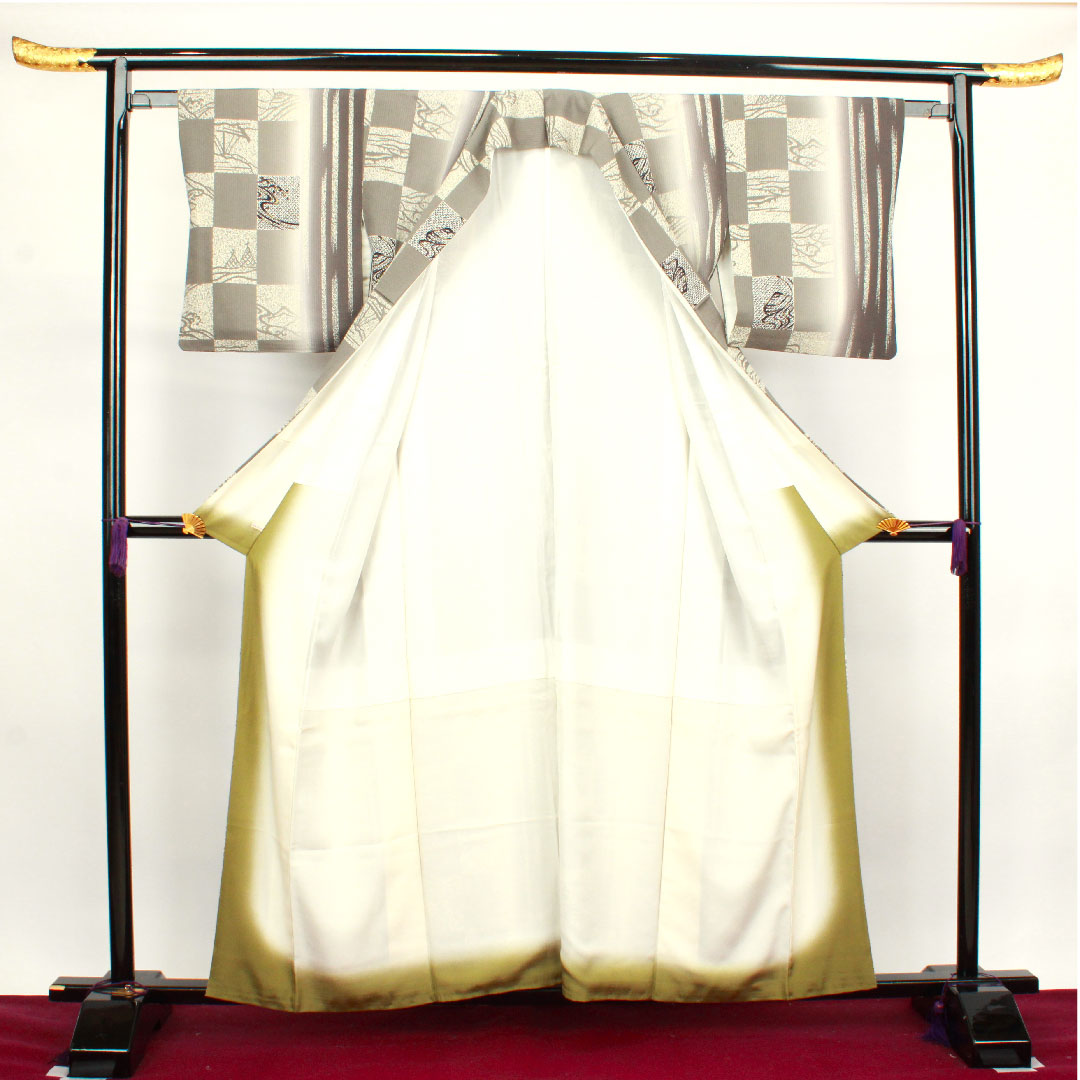 小紋 身丈158cm 裄丈62cm 袷  市松 抽象模様  正絹 Sランク グラデ 1115003282399