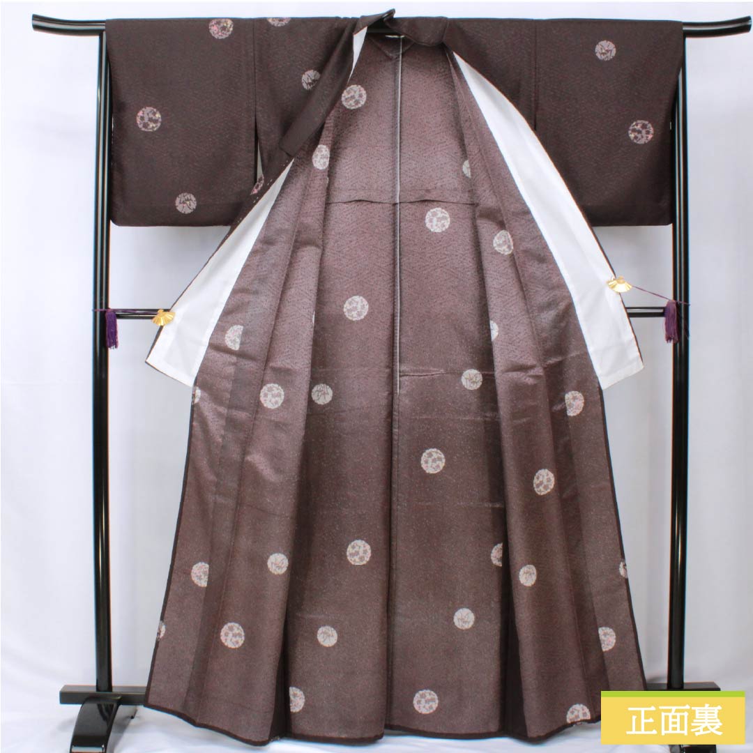 Komon (small pattern) kimono, polyester, length 164.5cm, sleeve length 65.5cm, single-layer, purple-black (shiushoku) pattern with snow rings and flower petals, washable, S rank, purple, product number 1115006062420
