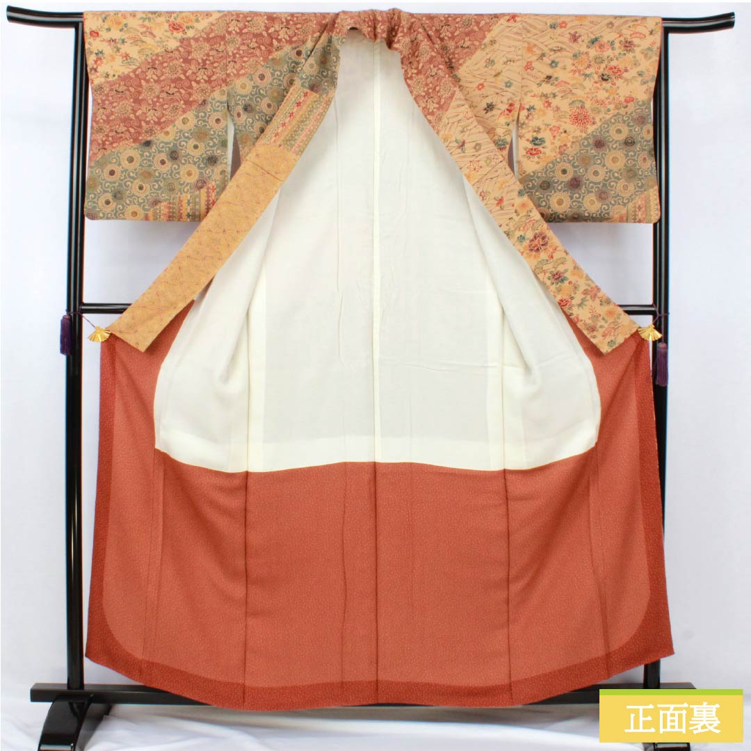 訪問着 正絹 Sランク 袷 身丈157cm 裄丈62.5cm 淡朽葉色（うすくちばいろ） 作家物 京紅型 吉祥文様 松竹梅 菊 橙系 1112007382326