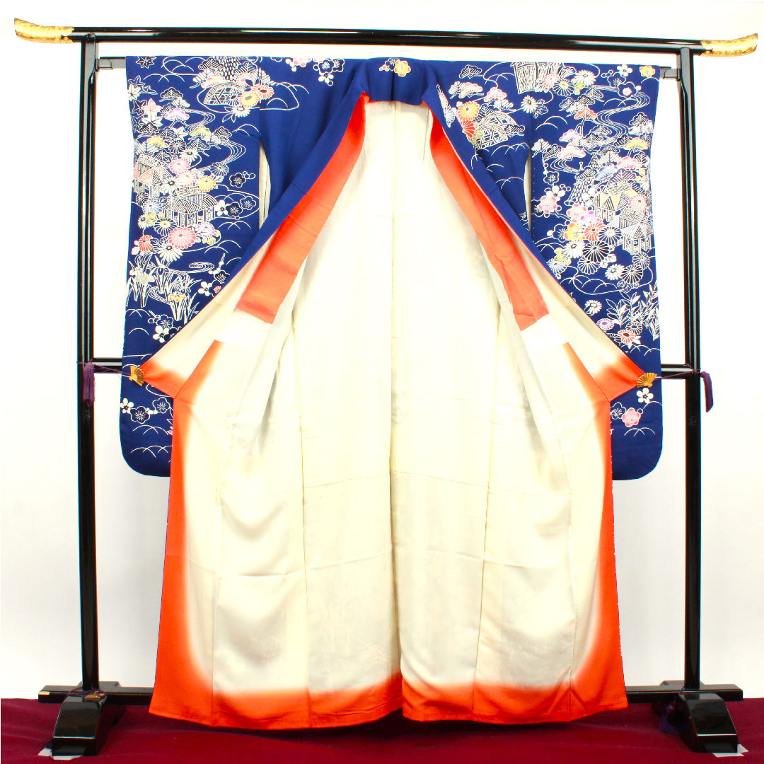 振袖 身丈161.5cm 裄丈64cm 袷  紺桔梗色 京紅型 松竹梅 菊 葵  正絹 Aランク 紺系 1113001593418