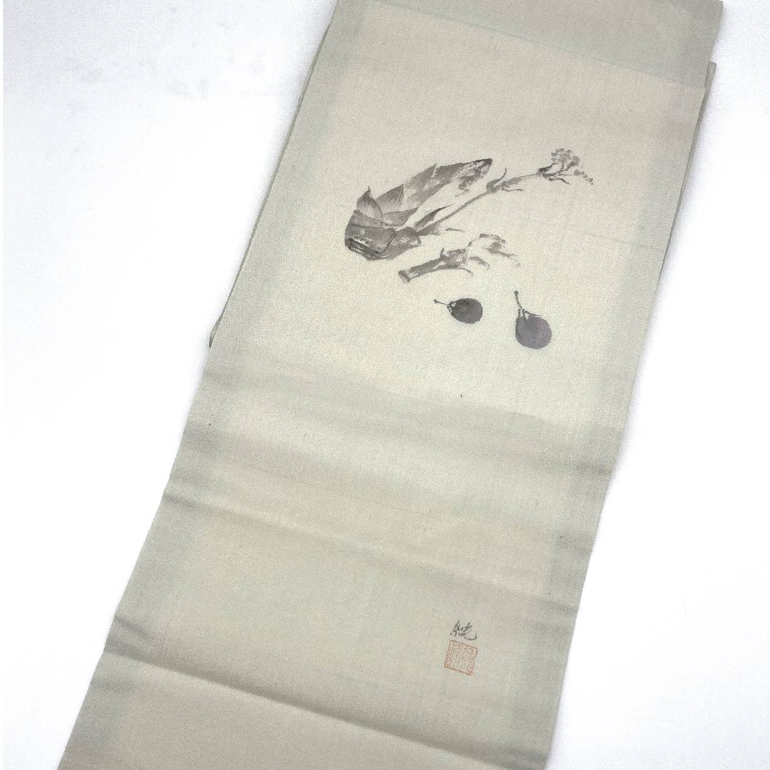 名古屋帯 卯の花色 夏帯 紗 なすび たけのこ 染帯 作家物 西陣織 帯丈375.5cm 正絹 Aランク ポイント柄 カジュアル グレー系 1124003903322  名古屋仕立て
