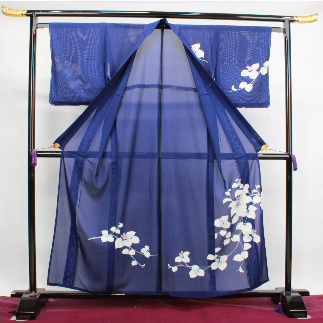 夏物 正絹 訪問着 身丈158cm 裄丈64cm 濃紺色（のうこんいろ）花模様 絽 Sランク 紺系 1132000122318