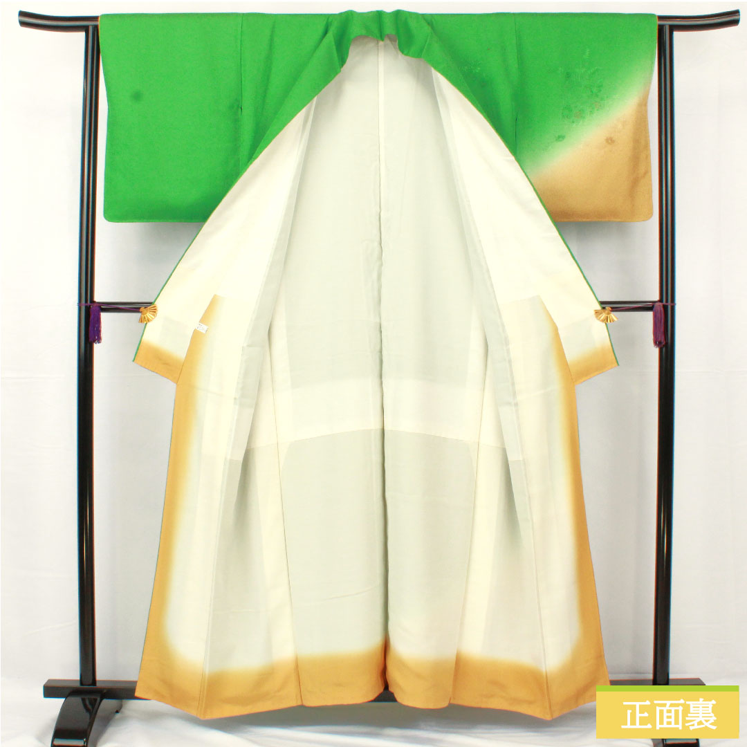 Homongi, pure silk, lined, length 157.5cm, sleeve length 62.5cm, grass green, Shantou embroidery, floral pattern, Scotchgard, S rank, green, 1112004992319