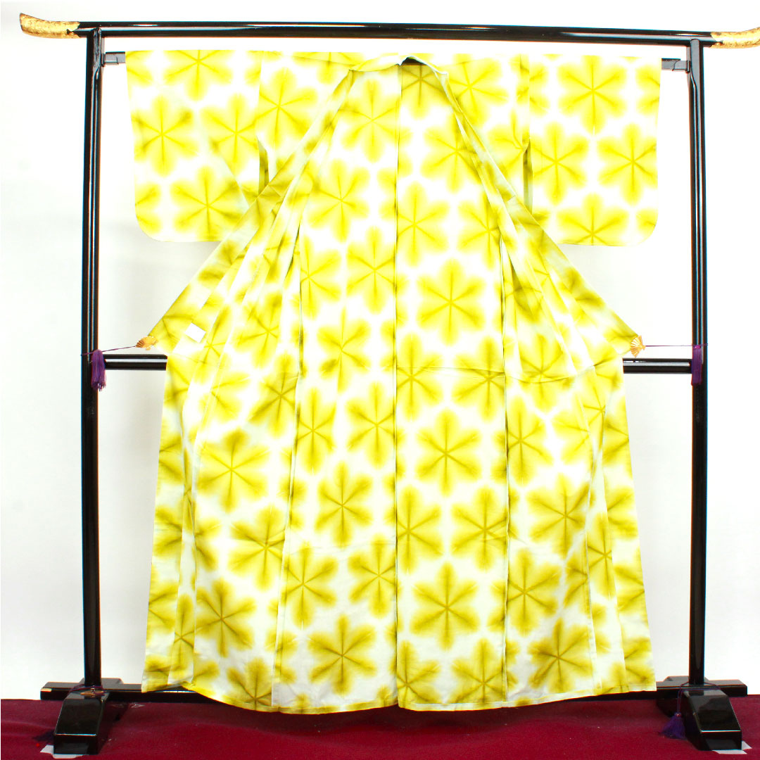 (New, unused item) Yukata, Yukihana-shibori, with basting thread, unused item, Habu-iro, Asanoha, Board-jime-shibori, Cotton, NEW rank, Single layer, Length 162cm, Sleeve length 65.5cm, Yellow, 1118003911423