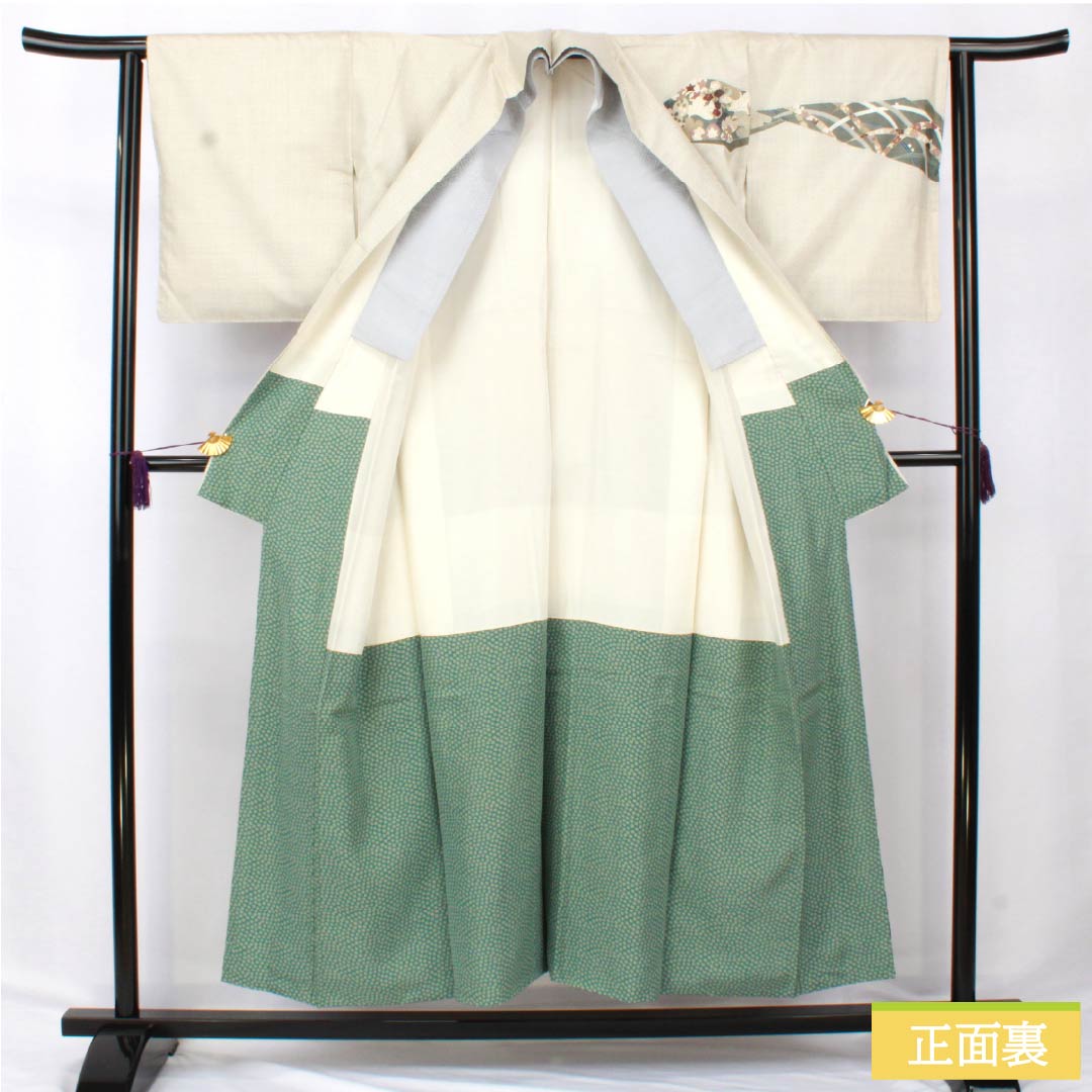 Visiting Kimono, Pure Silk, A-Rank, Lined, Length 152cm, Sleeve Length 62cm, Off-White (Kinari-Iro), White Oshima Silk, 100 Tortoise Shell Pattern, Stitched Crest, Round with Different Hawk Feathers, Classic Pattern, White, Product Number: 1112006173211