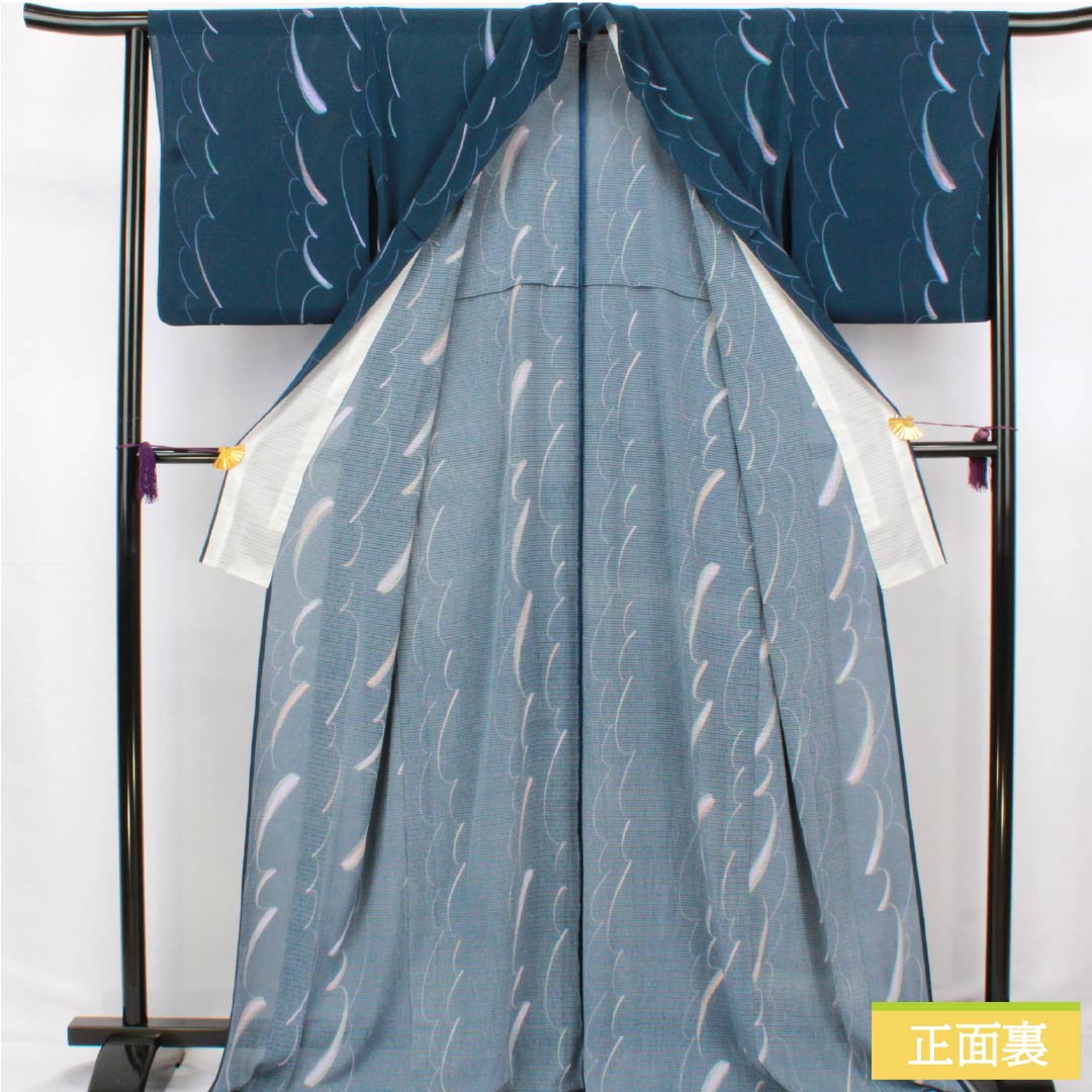 Summer kimono, polyester, komon (small pattern), length 168cm, sleeve length 66cm, navy iron color (kontetsuiro), abstract pattern, washable, ro (ro silk), rank A, navy blue, product number 1132002643518