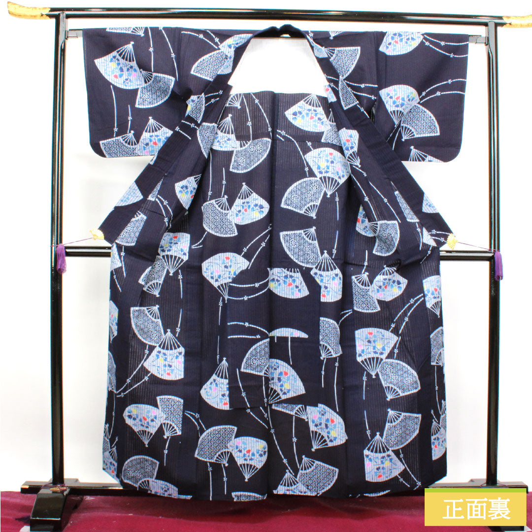 Yukata Cotton Length 160cm Sleeve length 65.5cm S rank Single layer Navy blue Folding fan Floral pattern 1118004522418