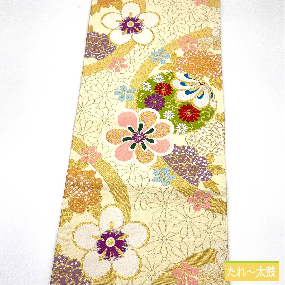 袋帯 正絹 生成り色（きなりいろ） 梅 菊 七宝 花唐草 帯丈434cm Sランク 六通 フォーマル クリーム系 1123011712315