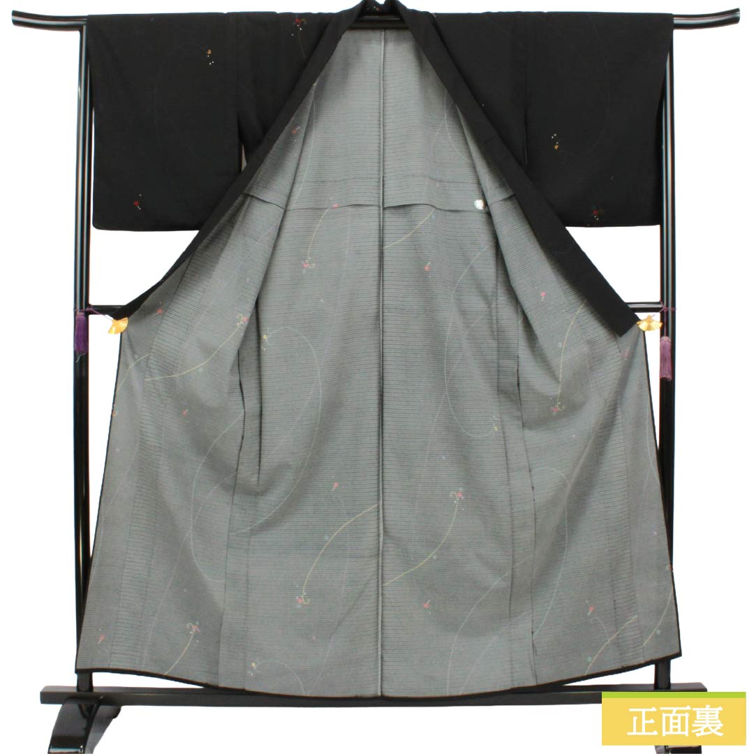夏物 ポリエステル 小紋 Sランク 身丈159.5cm 裄丈66.5cm 抽象模様 洗える着物 絽 黒系 1132003352310