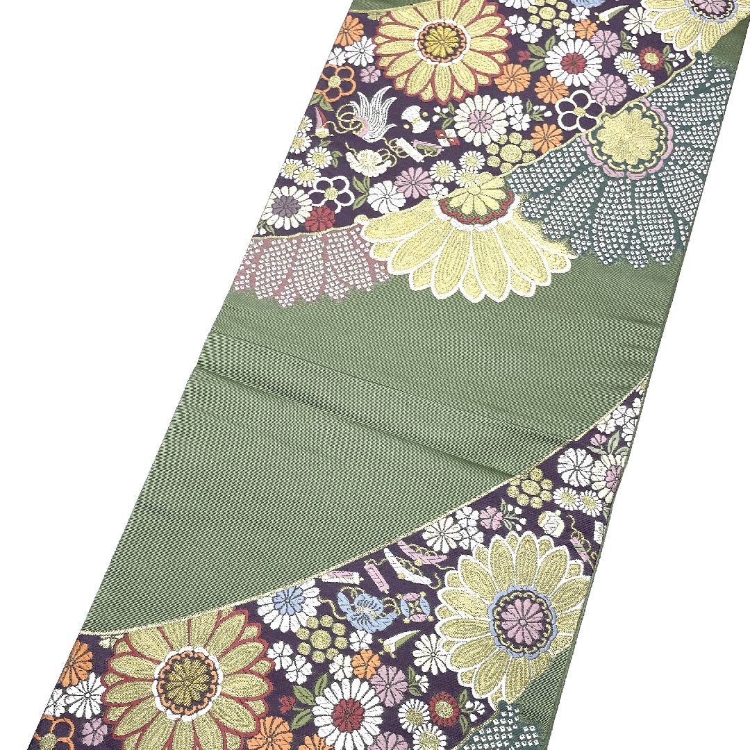 Fukuro Obi (wasabi color) with treasures and floral patterns, Takashima Orimono, obi length 435cm, pure silk, S rank, six-pass, semi-formal, green, 1123007162319