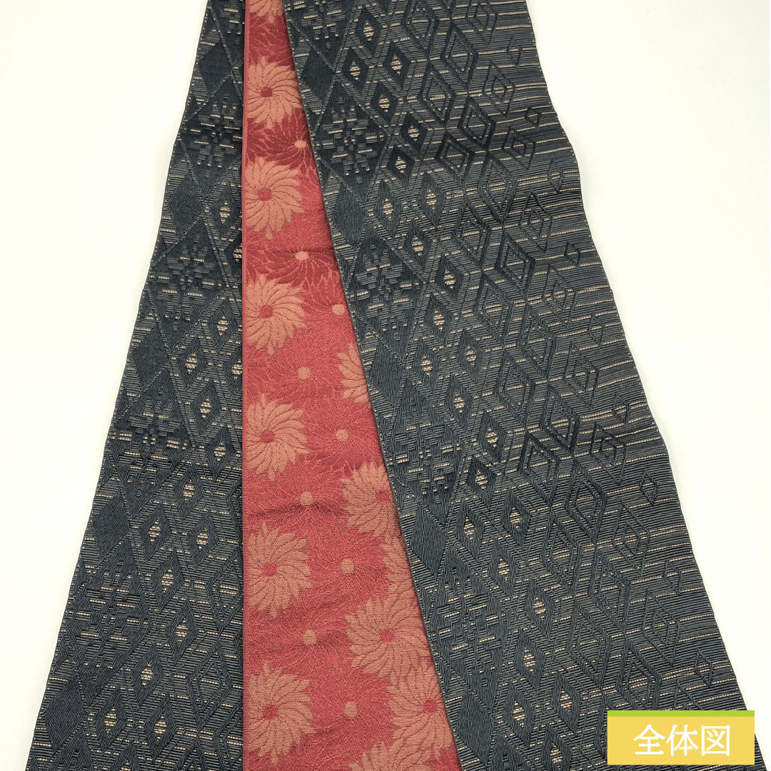 (New) Han-haba Obi (Half-width Obi) Polyester NEW Rank Black Deep Saffron Reversible Diamond Floral Pattern Obi Length 400cm Black Series 1125002641410