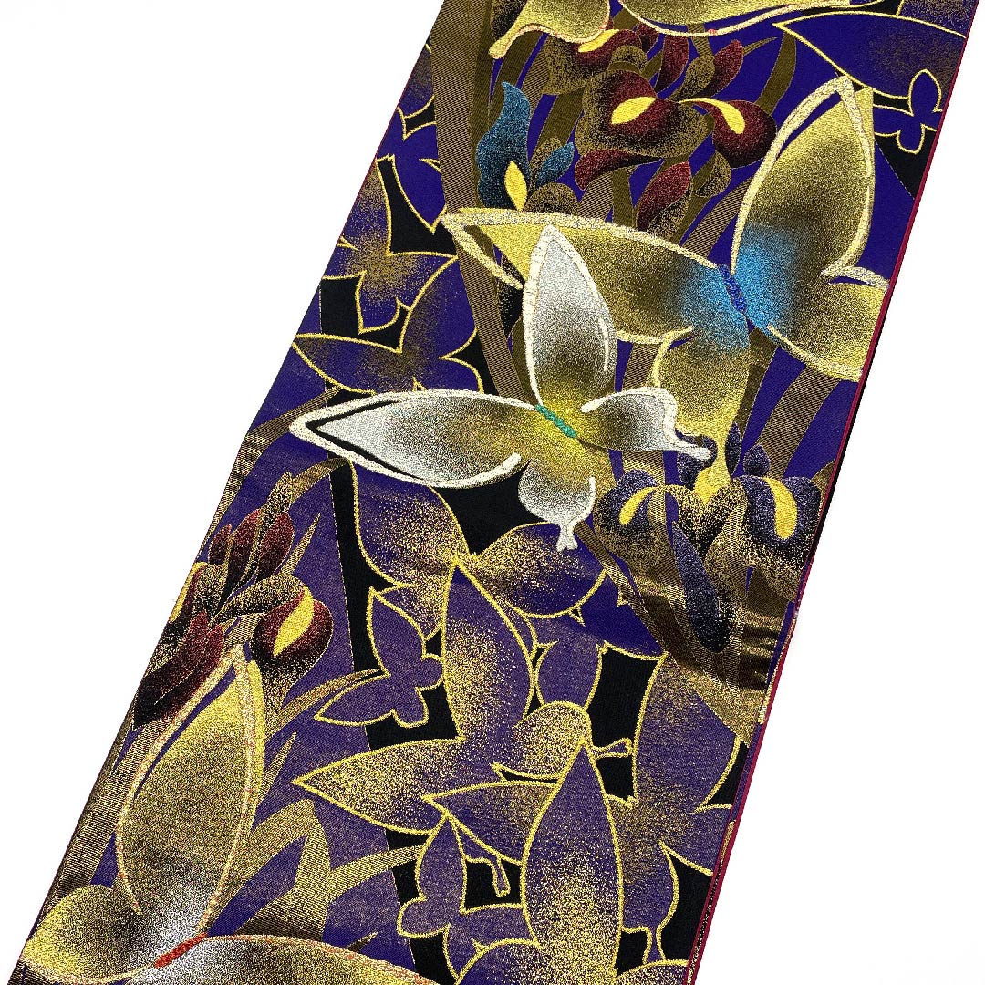 Edo Murasaki Iro (Edo Murasaki Color) Fukuro Obi (Butterfly, Flower, Gold Embroidery) Length 430cm Pure Silk S Rank Six-way Formal Purple 1123007142320