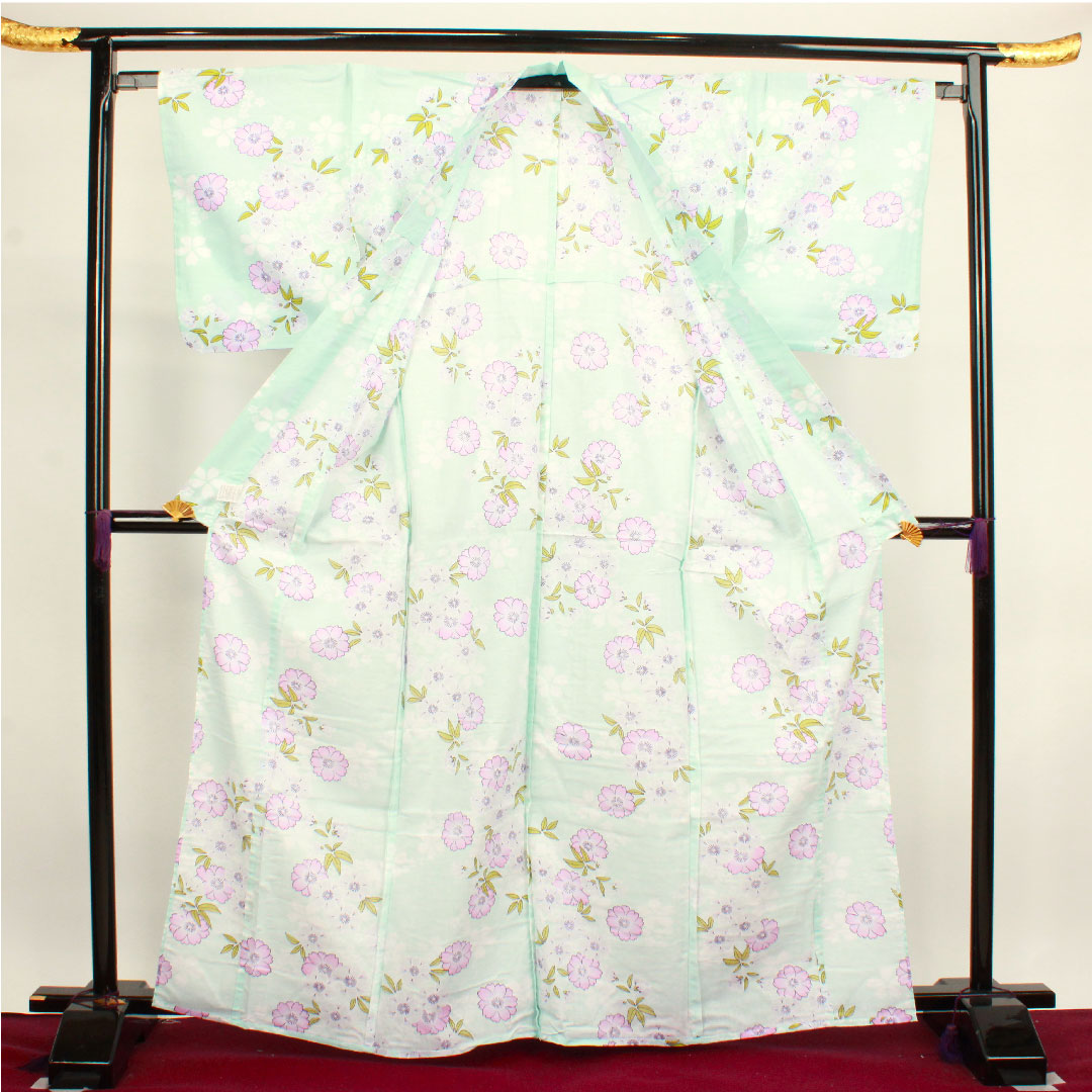 浴衣 瓶覗色 桜 木綿 Sランク 単衣 身丈166cm 裄丈65cm 水色系 1118002642524