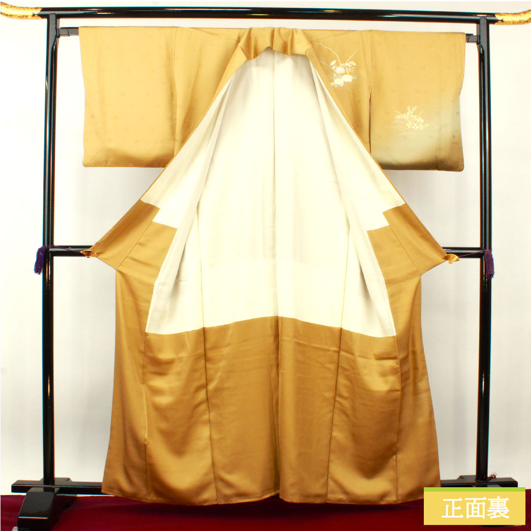 訪問着 袷 身丈162cm 裄丈65cm 唐金色 金彩加工 草花模様 正絹 Sランク 黄系 1112003922423