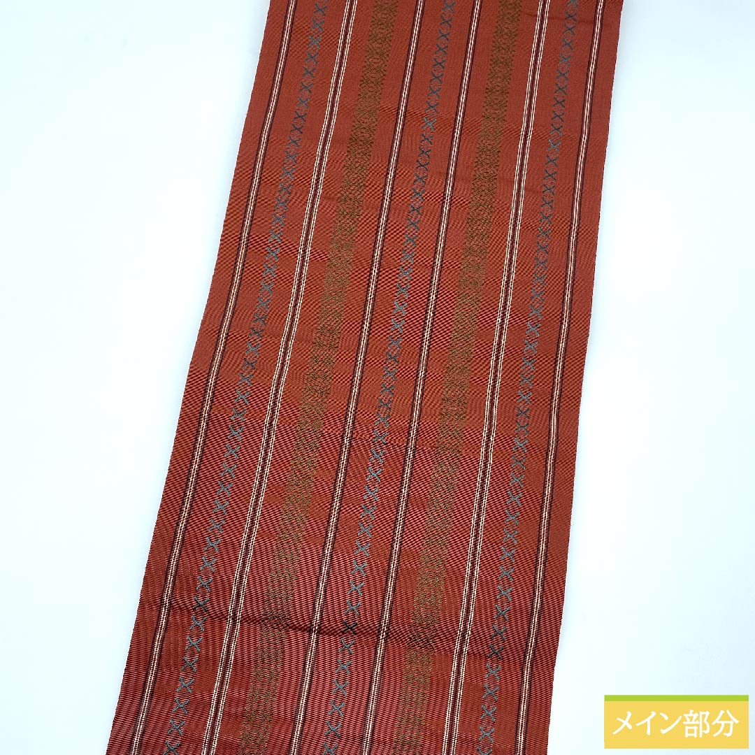 Nagoya obi, shrimp red, Hakata weave, Kenjo pattern, Hakata obi, obi length 363cm, pure silk, S rank, full length, casual, brown, 1124005832314, Nagoya style
