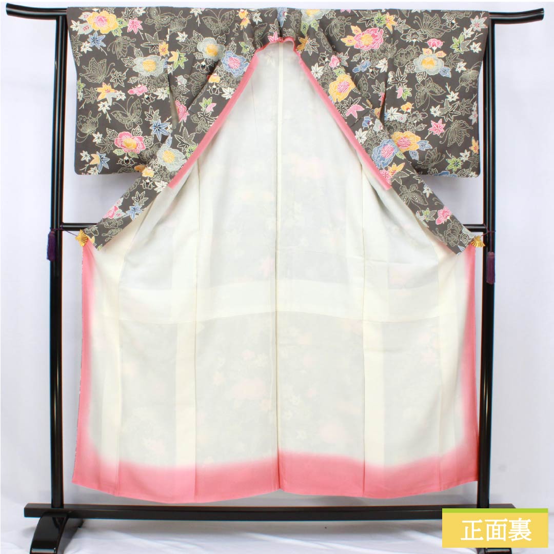 小紋 正絹 Sランク 身丈154cm 裄丈64cm 袷 薄黒色（うすぐろいろ） 京紅型 半衿付き 蝶 花 グレー系 1115007742222