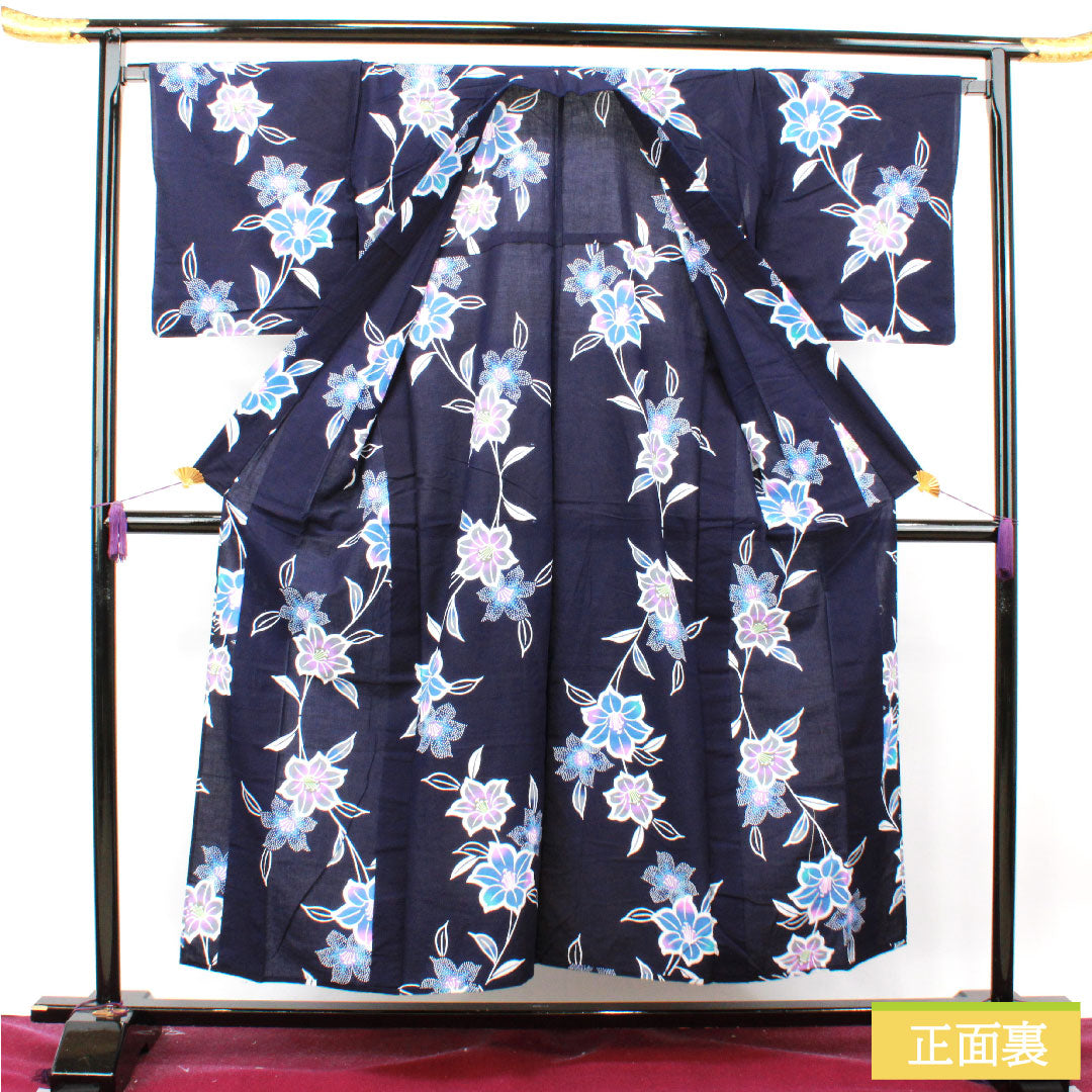 Yukata Cotton Length 153.5cm Sleeve length 67.5cm S rank Single layer Navy blue Camellia 1118004802218