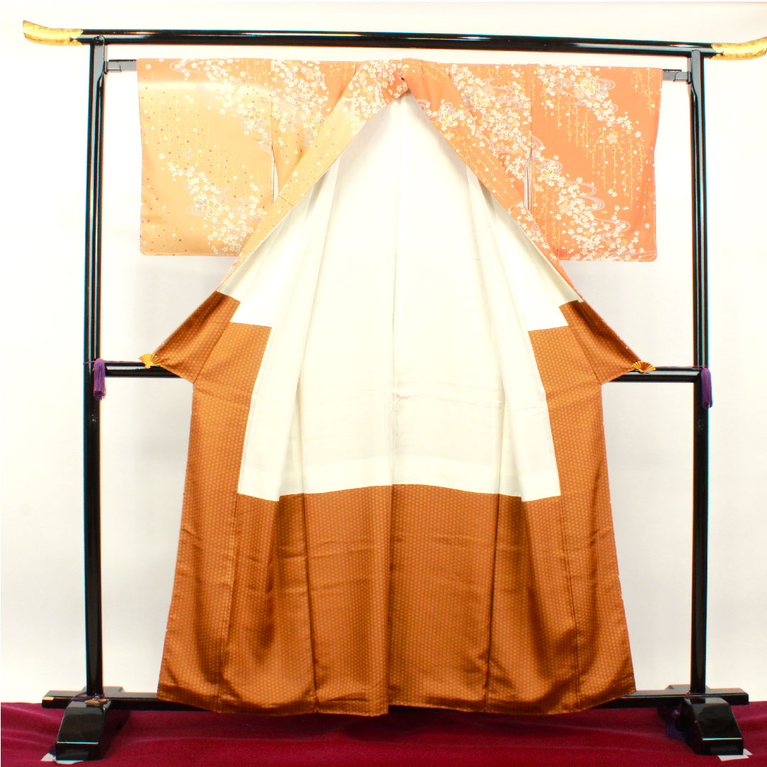 Homongi, pure silk, lined, length 159cm, sleeve length 64cm, Kyoto Yuzen, cherry blossom, with basting thread, unused, S rank, gradation, 1112003132399