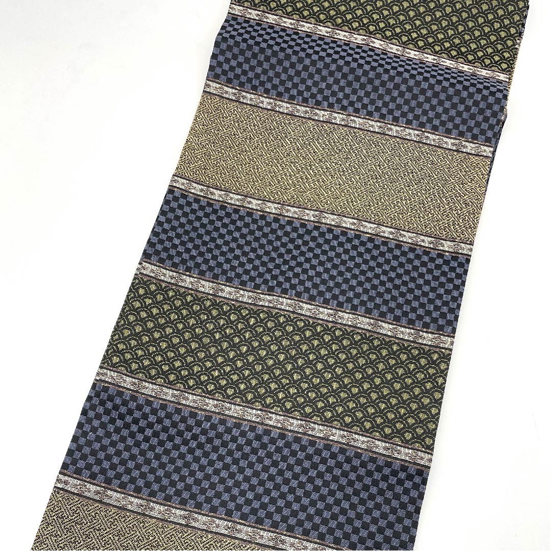 Nagoya obi, gradation, checkered pattern, Seigaiha pattern, Sayagata pattern, horizontal stripes, obi length 375.5cm, pure silk, S rank, full length, casual, gradation, 1124003192399, Nagoya style
