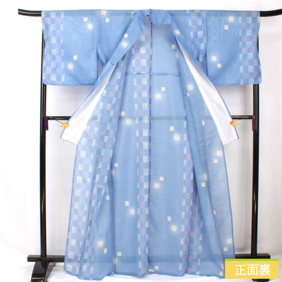 夏物 ポリエステル 小紋 身丈165cm 裄丈67.5cm 紺藤色（こんふじいろ） 市松模様 洗える着物 絽 Aランク 青系 1132002183517