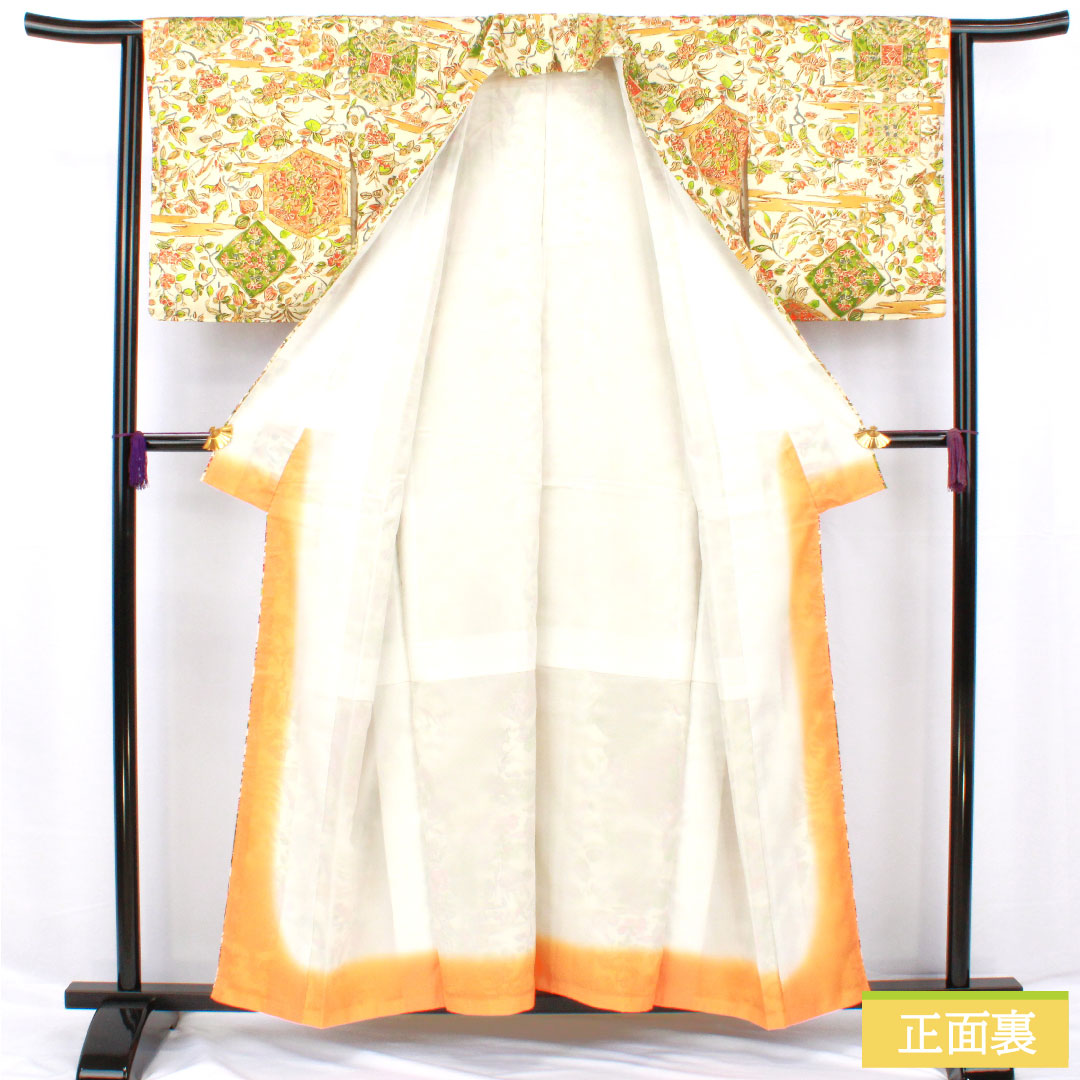Small pattern, polyester, length 156cm, sleeve length 63cm, lined, milky white, chintz style, washable kimono, A rank, cream color, 1115004503315