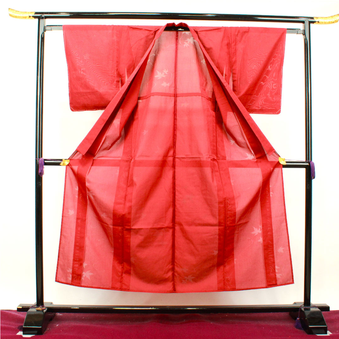 夏物 正絹 色無地 身丈151.5cm 裄丈62cm 真紅色（しんくいろ） 紅葉 紗 Sランク 赤系 1132001252212