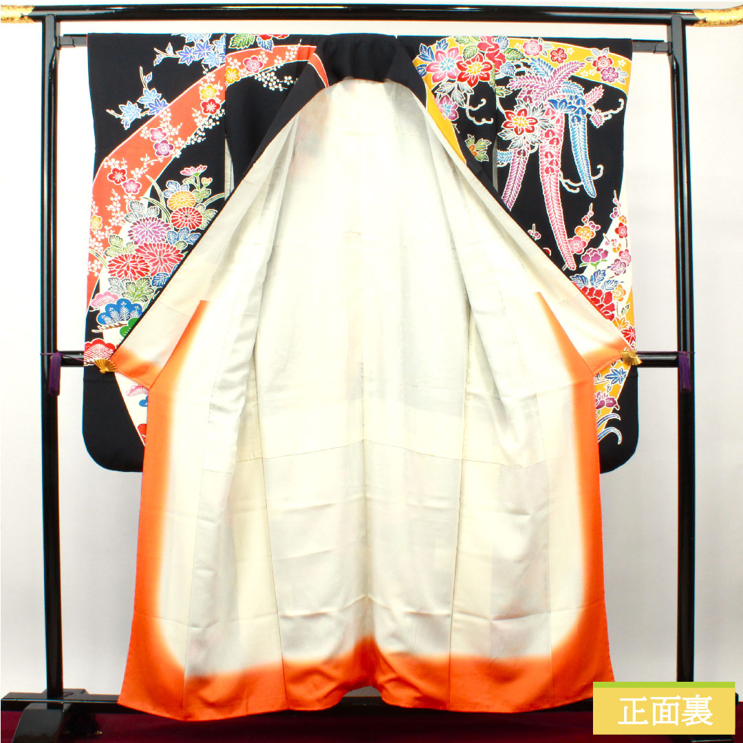 振袖 正絹 身丈157cm 裄丈63cm 袷  京紅型 草花模様  Sランク 黒系 1113001862310