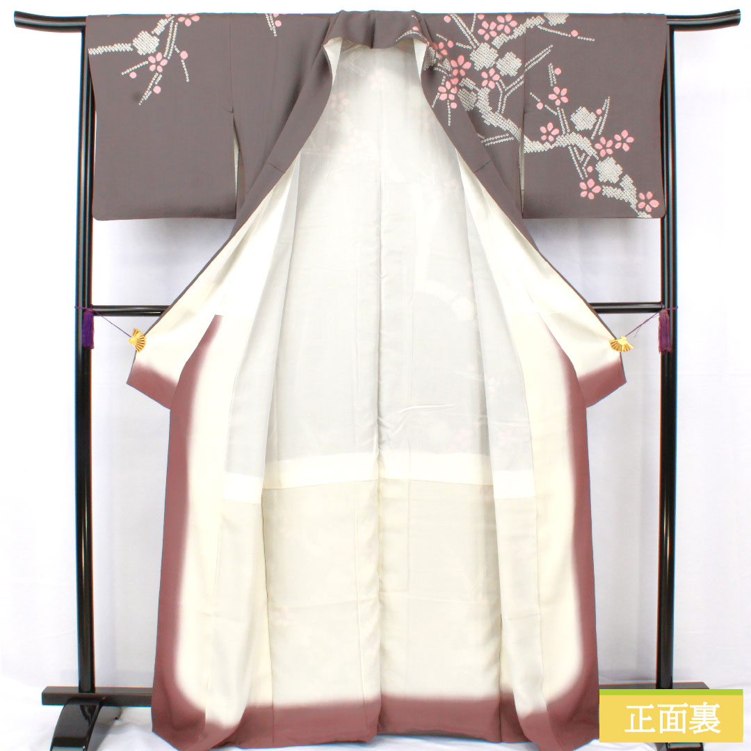 Homongi, pure silk, lined, length 164cm, sleeve length 63.5cm, indigo grey, partially dyed, cherry blossom, A rank, grey, 1112005773422