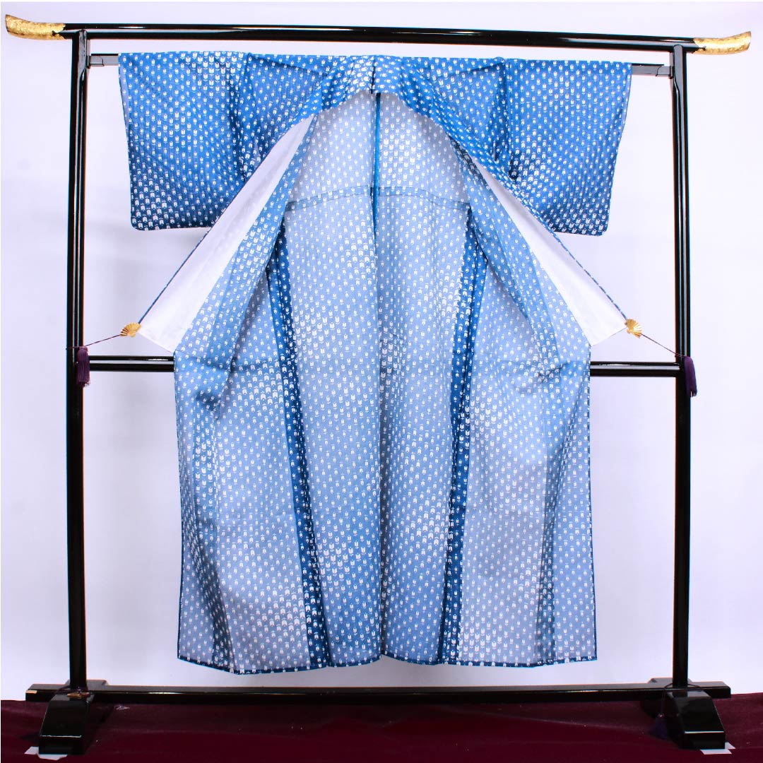 夏物 ポリエステル 小紋 身丈151cm 裄丈62.5cm 碧琉璃色（へきるりいろ） チューリップ 絽 Bランク 青系 1132000304217
