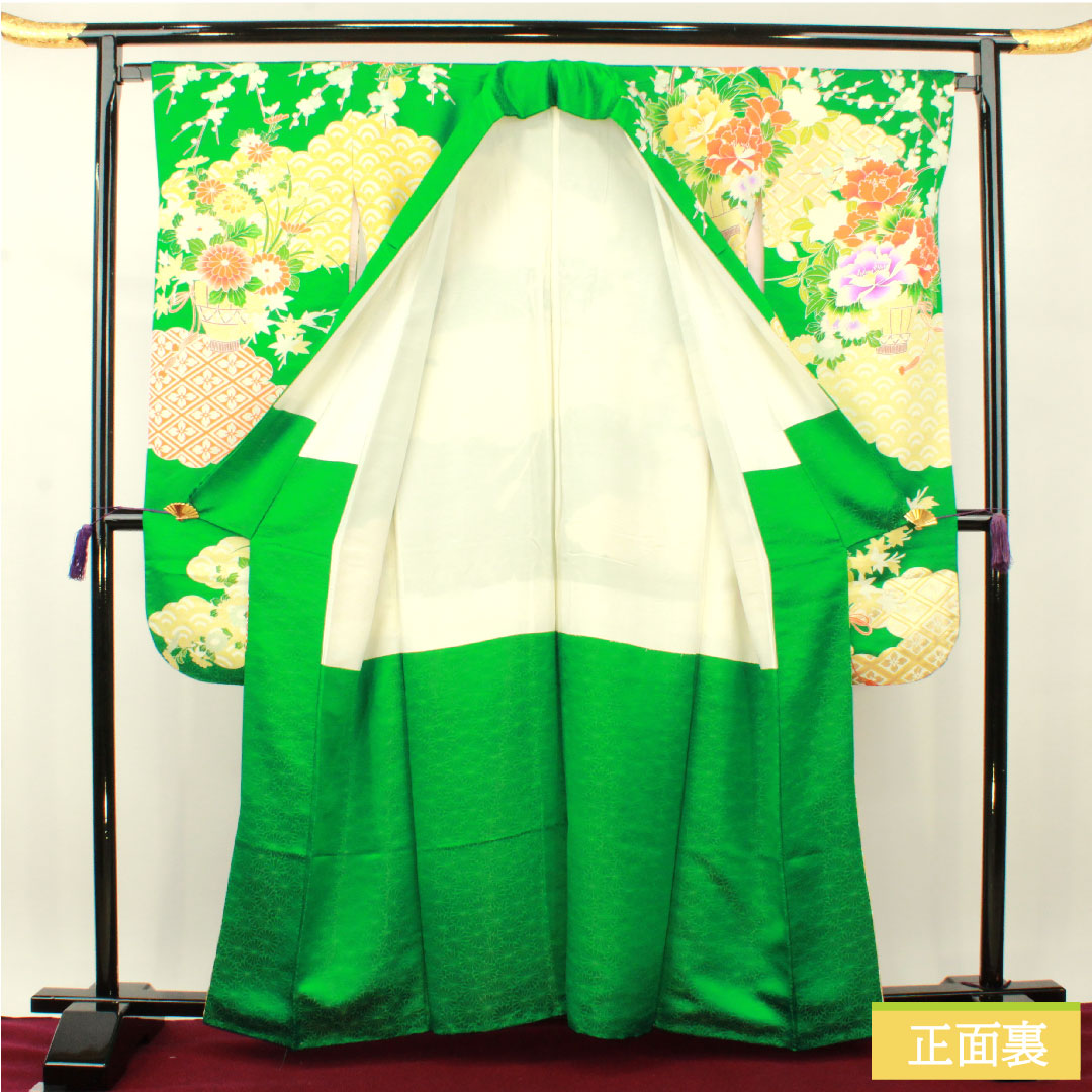 振袖 正絹 身丈161.5cm 裄丈65cm 袷  濡葉色 京友禅 吉祥文様  Aランク 緑系 1113001973419