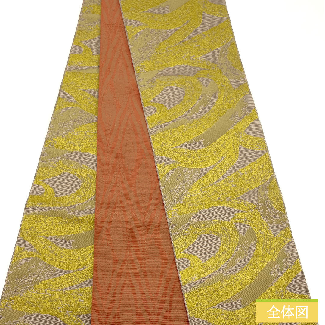 (New) Half-width obi, polyester, NEW rank, rapeseed oil color, reddish-brown, reversible, abstract pattern, obi length 400cm, brown tones, 1125002381414