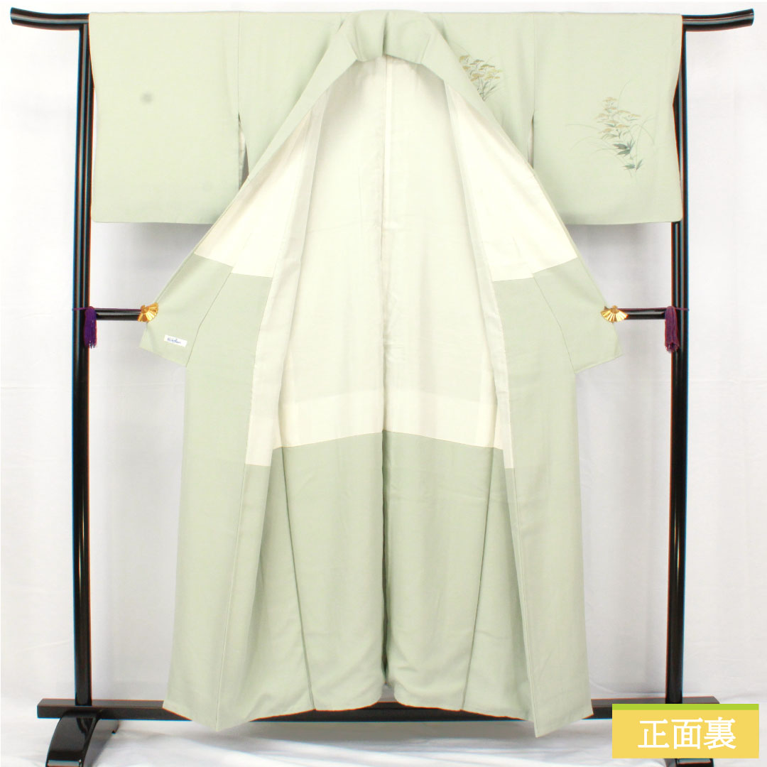 訪問着 正絹 袷 身丈155cm 裄丈65cm 白緑色（びゃくろくいろ） 草花模様 スコッチガード 付下げ Aランク 水色系 1112005453324
