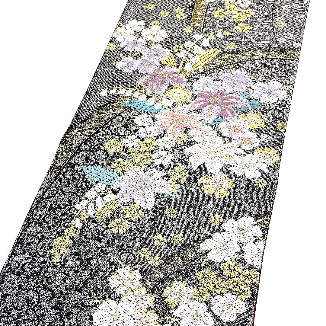 【未仕立】袋帯 正絹 NEWランク 花柄 振袖用 桜   帯丈455cm 六通 セミフォーマル 黒系 1123002501410
