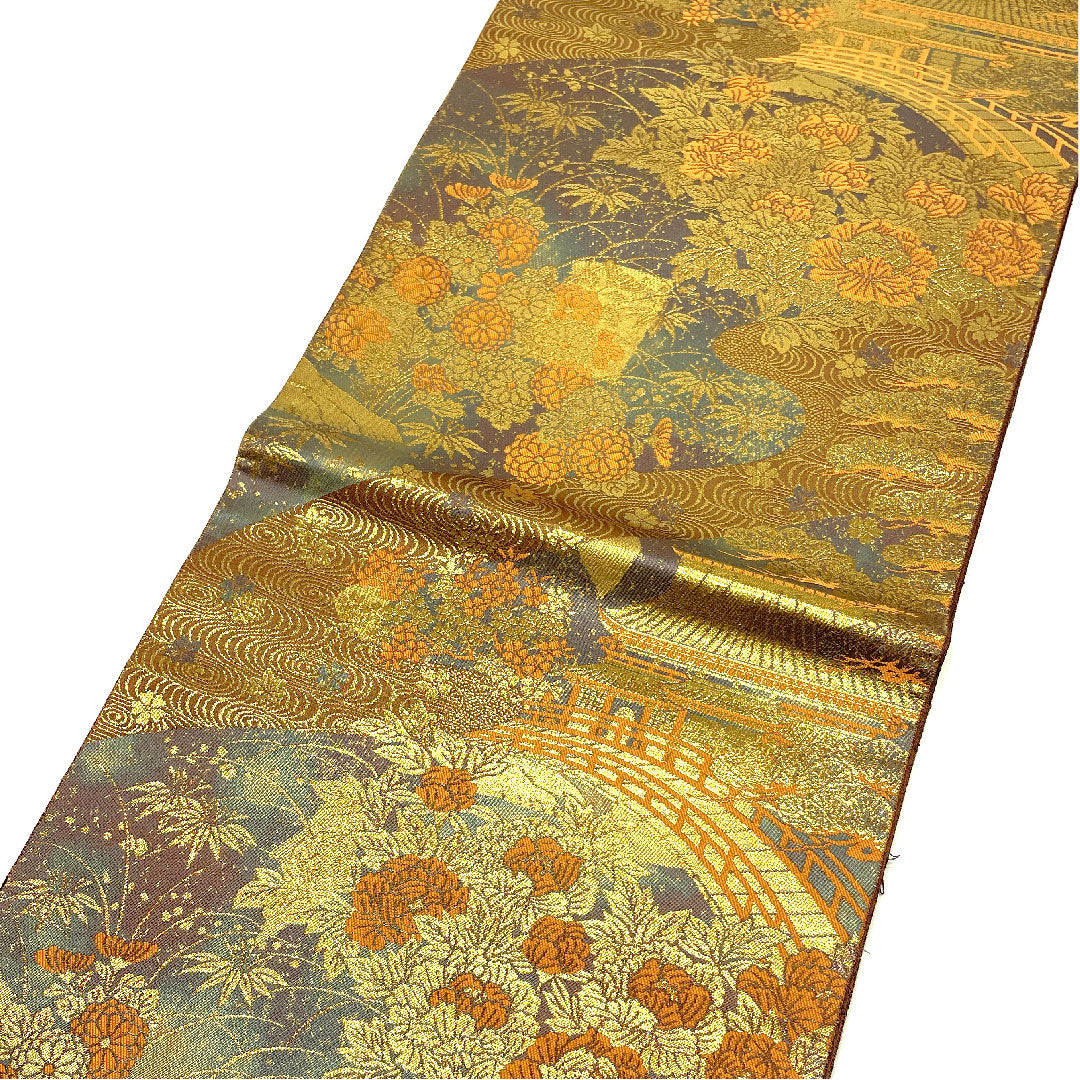 袋帯 手織り 御所絵巻文様 本金箔24金 帯丈432cm 正絹 Aランク 六通 フォーマル 茶系 1123003653314